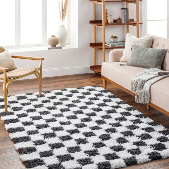 LIVABLISS Urban Shaggy-Modern Checkered Soft Plush Pile Rug 160 x 220 cm White Black