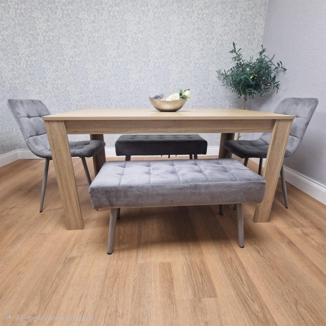 Dining Table and 2 Chairs With 2 Benches Oak Effect Wood Table 2 Grey Velvet Chairs Dining Room