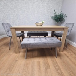 Dining Table and 2 Chairs With 2 Benches Oak Effect Wood Table 2 Grey Velvet Chairs Dining Room