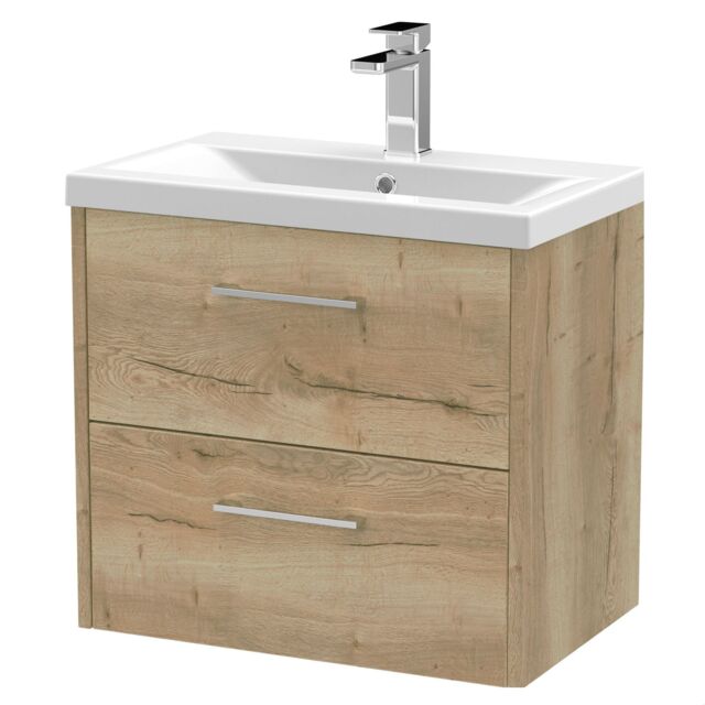 Balterley Winshill Contemporary 2 Drawer Wall Hung Vanity Unit with Mid-Edge Basin, Light Oak, 600mm