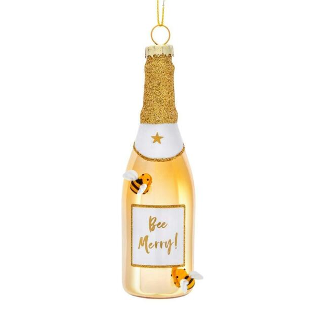 Sass & Belle Christmas Tree Decoration Novelty Bee Merry Champagne Bottle Gold