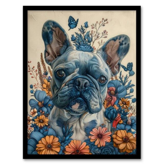 French Bulldog Puppy Dog Lover Floral Home Decor Black Framed Wall Art Print A4