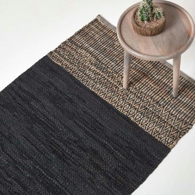 Homescapes Black Recycled Leather Handwoven Herringbone Rug - 150 x 240 cm Black Black