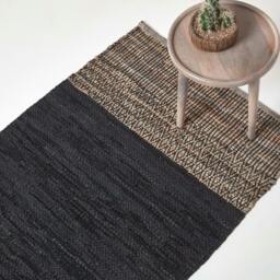 Homescapes Black Recycled Leather Handwoven Herringbone Rug - 150 x 240 cm Black Black