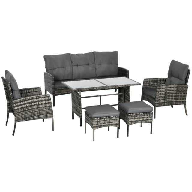Outsunny 6 Pieces Rattan Garden Furniture Sofa Set with Cushions, Mixed Grey Grey