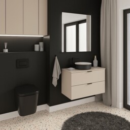 Bathroom Vanity Unit with Sink 600mm Beige Wall Cabinet Worktop Countertop Floating Drawer Storage Black Round Basin Dalia