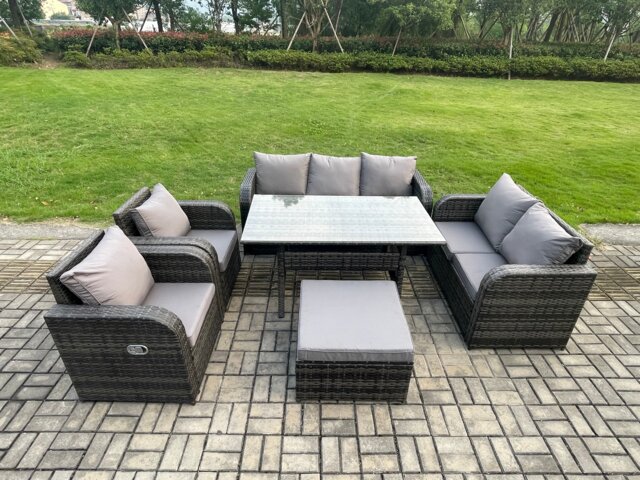 Fimous Dark Grey PE Wicker Rattan Garden Furniture Set Reclining Chair Love Sofa 2 Seater Sofa Set Outdoor Rectangular Dining Table Big Stools 8 Seater