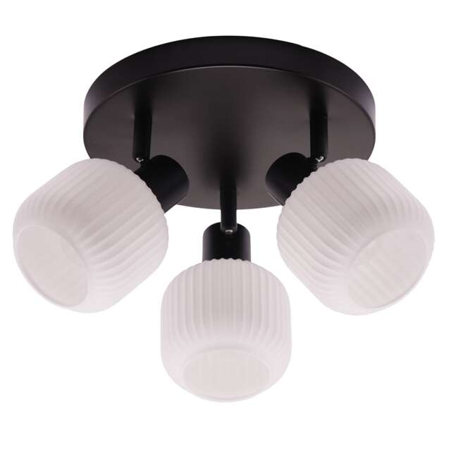 Modern Designer Matte Black Spot Ceiling Light with White Ribbed Glass Shades