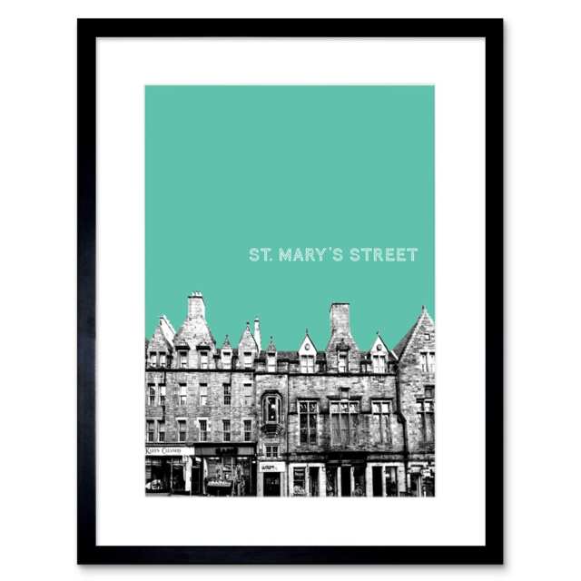 "St Mary Street Edinburgh Scotland Landmark Teal 9x7"" Black Framed Wall Art Print"