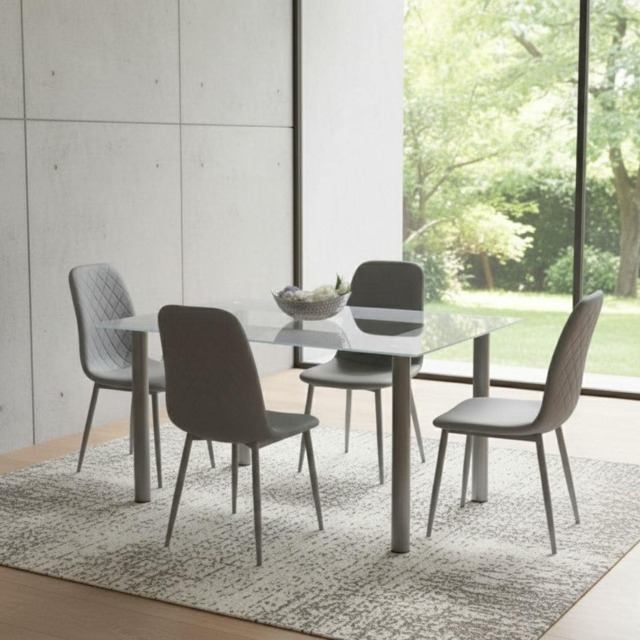 Grey Glass Dining Table Set With 4 Grey Faux Leather Chairs Kitchen Dining Room Furniture
