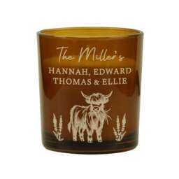 Personalised Engraved Highland Cow Amber Glass Candle Brown