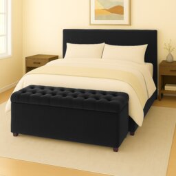 180cm Chesterfield Plush Velvet Black Upholstered Storage Ottoman Bench - Deep Tufted Lid & Wooden Leg