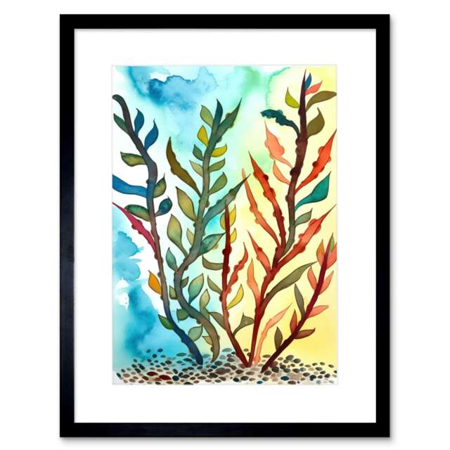 "Seaweed Sea Floor Watercolour Folk Art Bathroom 9x7"" Black Framed Wall Art Print"