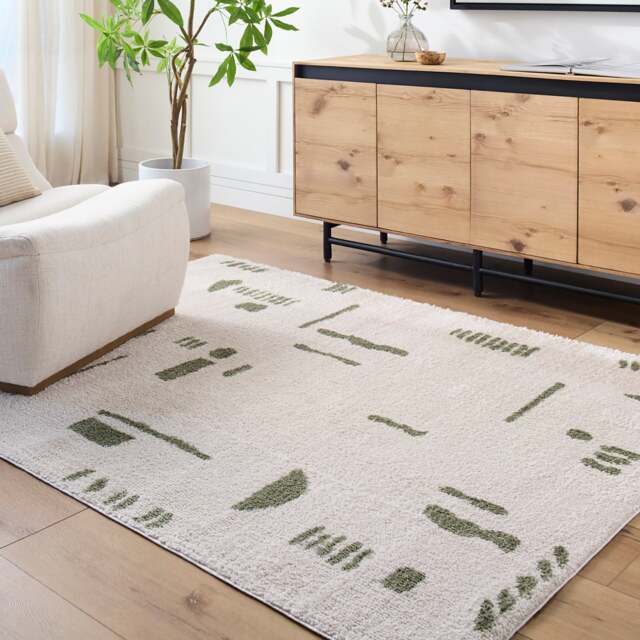 LIVABLISS Fossay Shaggy-Washable Modern High Pile Rug 160 x 213 cm Beige Green