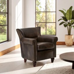 Cozy Dark Grey Scroll Armchair,Heritage Design Chair With Copper Studded Detail,Walnut Wooden Lounge Seat Brown