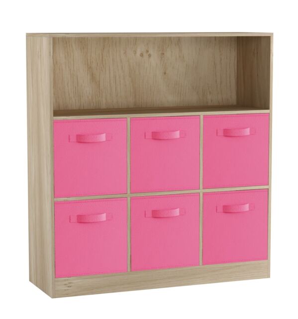 Wide 7-Cube Bookcase With Drawers Brown Oak & Light Pink 1
