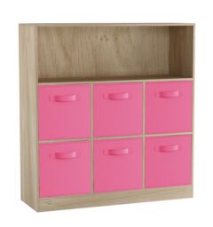 Wide 7-Cube Bookcase With Drawers Brown Oak & Light Pink 1