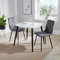 Aspen White 80cm Square Dining Table with 2 Upholstered Cord Fabric Straight Stitch Chairs - Compact Modern Dining Set Grey Grey 1