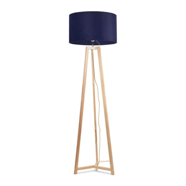 ValueLights Lottie Natural Wood Tripod Floor Lamp Navy Blue Velvet Shade Blue