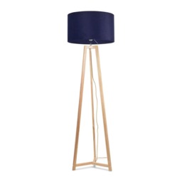 ValueLights Lottie Natural Wood Tripod Floor Lamp Navy Blue Velvet Shade Blue