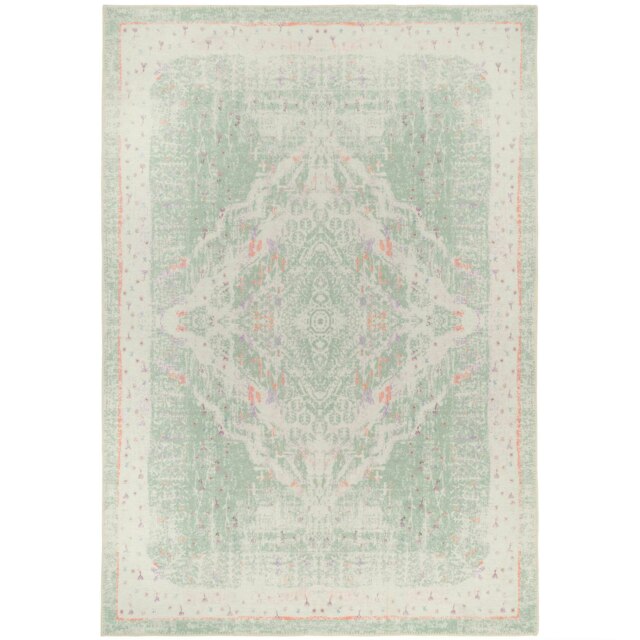 KUKOON Pastel Green Distressed Persian Medallion Non Slip Washable Low Pile Rug 60cm x 110cm Green