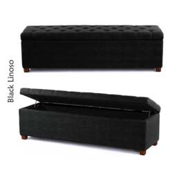 Linoso Chesterfield Black Ottoman Storage Box with Square Wooden Legs - Upholstered Blanket Box (137W x 40D x 45H cm)