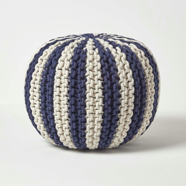 Homescapes Navy and White Knitted Pouffe Striped Footstool - 35 x 40 cm