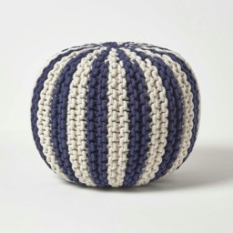 Homescapes Navy and White Knitted Pouffe Striped Footstool - 35 x 40 cm
