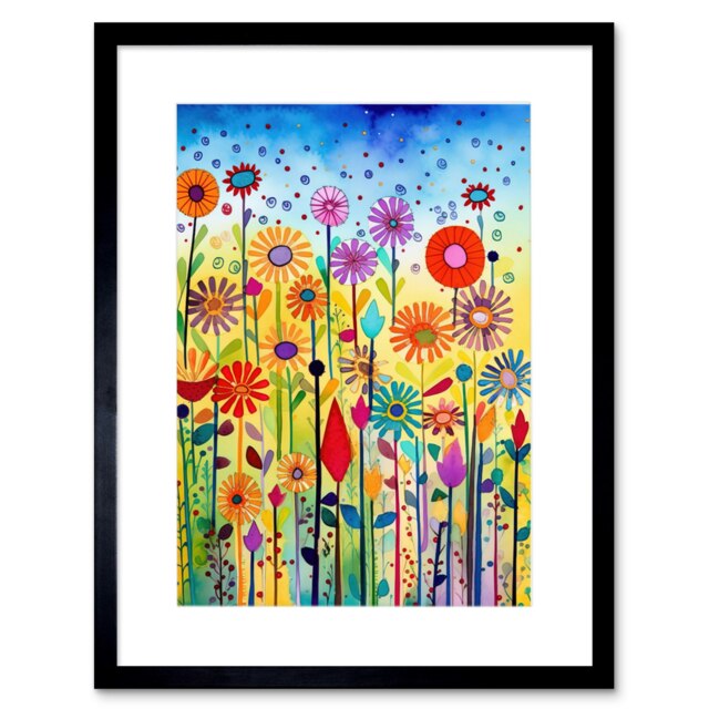 "Tall Mixed Flowers Folk Art Watercolour Painting 9x7"" Black Framed Wall Art Print"