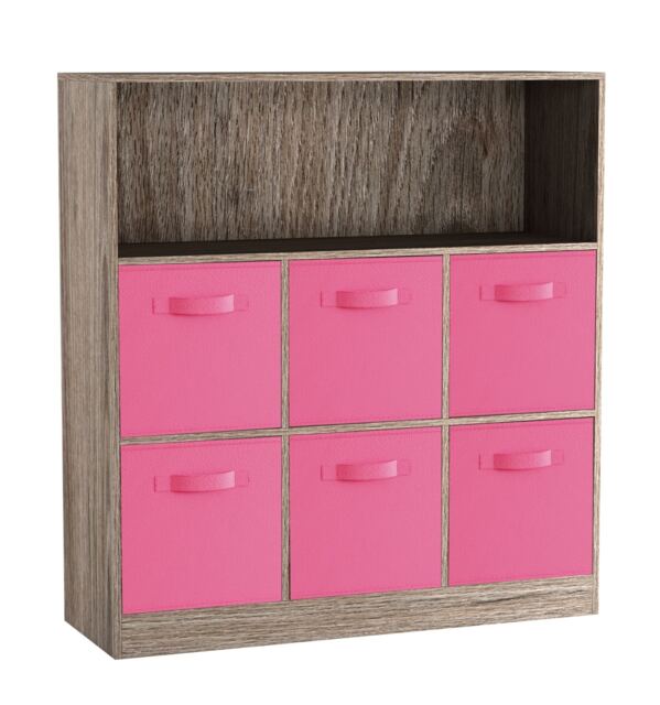 Wide 7-Cube Bookcase With Drawers Brown Anthracite Oak & Dark Pink 1