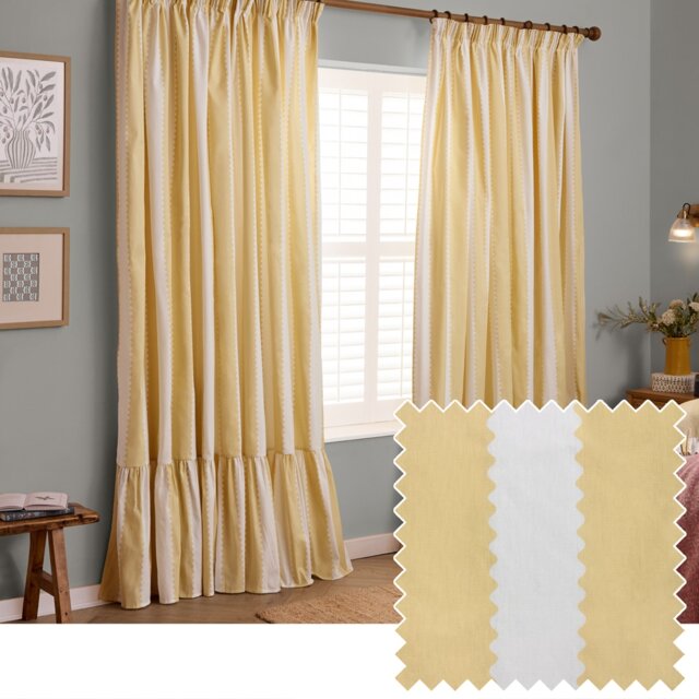 Wylder Birdie Stripe Fully Lined Ruffle Pencil Pleat Curtain Pair Butter Yellow (W) 229cm x (D) 137cm Yellow Butter Yellow 1