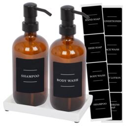 Harbour Housewares 2pc Glass Soap Dispenser Set with Ceramic Tray & Labels - 500ml - Amber/Black Refillable Pump Bottles