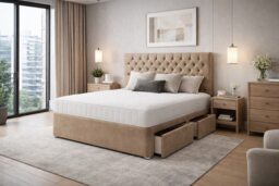 Beige Naples 5FT Kingsize Divan Bed Set with Memory Mattress and Headboard No Drawers