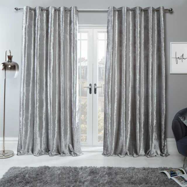 "OHS Luxury Soft Crushed Velvet Lined Eyelet Curtains, 66x90"" - Silver"