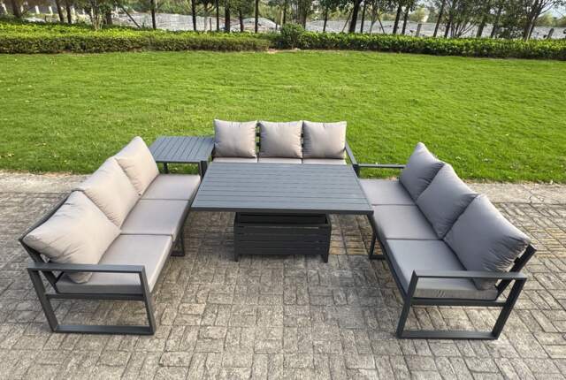 Fimous U-shaped Garden Furniture Set 9-Seater Aluminium Outdoor Dining Set with Adjustable Rising Lifting Dining Table Side Table Dark Grey