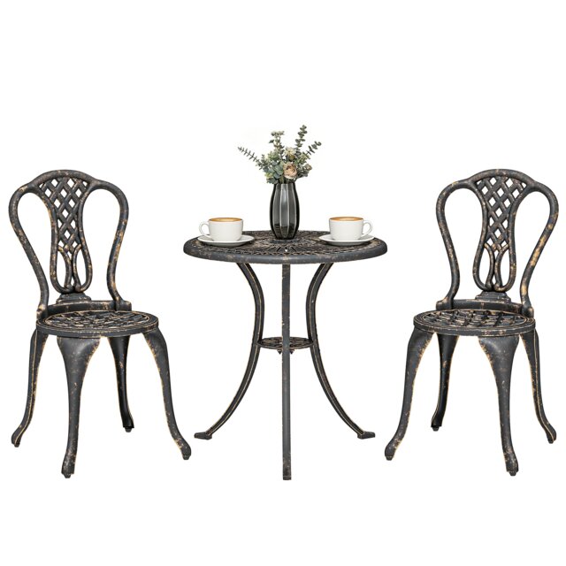 Outsunny Outdoor Bistro Set Cast Aluminium Patio Furniture for 2, Brown Bronze Bronze Tone Table: 63x63x65 cm Chair: 48x44x85 cm