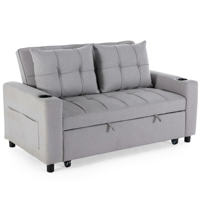 Hudson 2-Seater Sofa Bed Linen Fabric with Cup Holders (Light Grey)