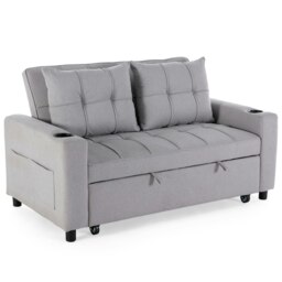 Hudson 2-Seater Sofa Bed Linen Fabric with Cup Holders (Light Grey)