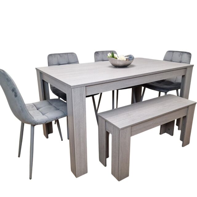 Dining Table and 4 Chairs With Bench Grey 4 Grey Velvet Chairs Wood Dining Set Furniture Grey One Size 6