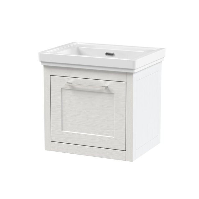 Balterley Traditional Bathroom Wall Hung 1 Drawer Vanity Unit and 0 Tap Hole Fireclay Basin White Nimbus White