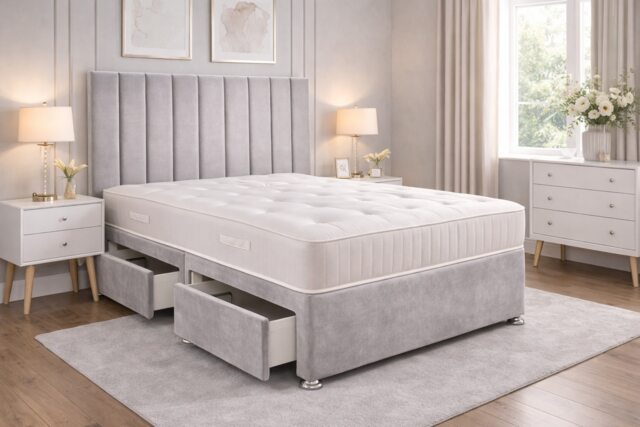 5FT Kingsize Silver Plush Divan Bed With Panel 26inch Headboard and Orthopeadic Mattress 2 Drawers One Each Side