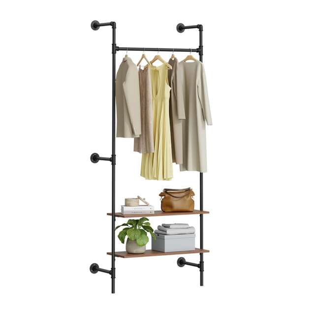 SoBuy Black Wall Mounted Coat Rack with 2 Wooden Shelves, 36x18.9x86.6 in, 9.7 kg - KLS20-SCH