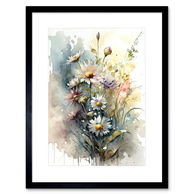 "Wild Flower Daisies Bloom Modern Boho Watercolour 9x7"" Black Framed Wall Art Print"