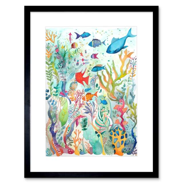 "Aquatic Scene Marine Life Folk Art Watercolour Painting 9x7"" Black Framed Wall Art Print"