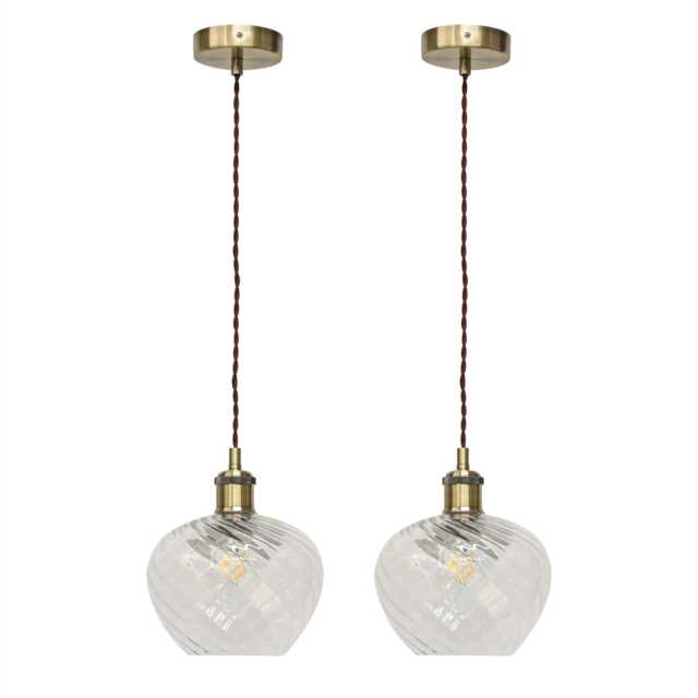 Set of 2 Bradson - Clear Swirl Glass Antique Brass Retro Pendants