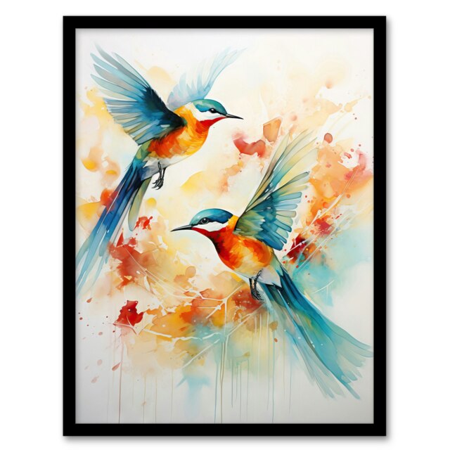 Aerial Ballet Watercolour Bright Bold Birds Black Framed Wall Art Print A4