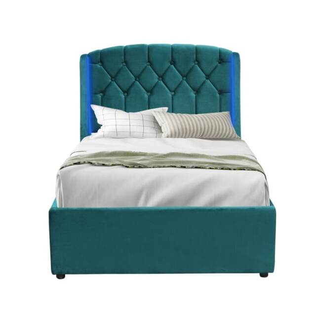 3ft Single Fabric Gas Lift Ottoman Bed Frame With LED On Headboard In Green