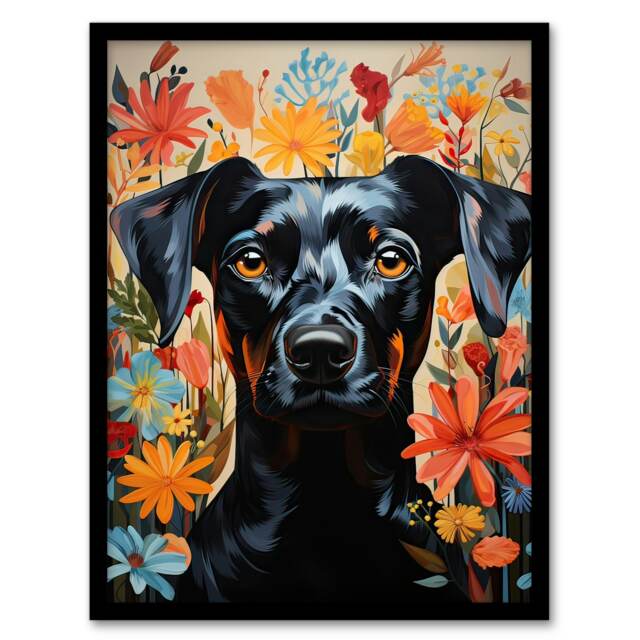 The Good Dog Floral German Miniature Pinscher Portrait Flowers Black Framed Wall Art Print A4