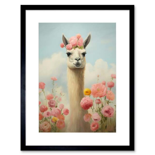 "Llama With Pink Peonies Elegant Floral Animal 9x7"" Black Framed Wall Art Print"