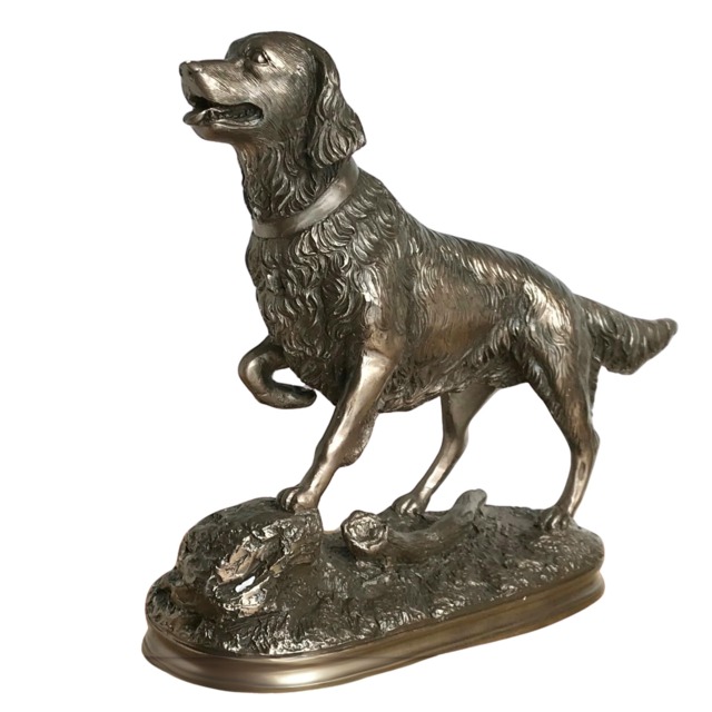 Golden Retriever Dog On Rocks Heavy Weight Figurine In Sold Cold Cast Bronze